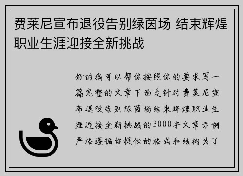 费莱尼宣布退役告别绿茵场 结束辉煌职业生涯迎接全新挑战 费莱尼宣布退役告别绿茵场 结束辉煌职业生涯迎接全新挑战